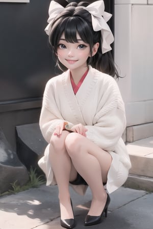 1girl smiling, black hair, hairbow, white round_toe Mary_janes pumps,