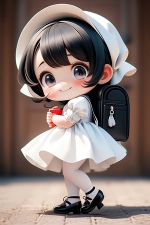 masterpiece, best quality, a cute chibi girl smiling, ((black)) hair, white pinafore dress, (((short puffy sleeves))) shirt, white hairbow, (((black))) mary jane pumps, school backpack, (((full body)))