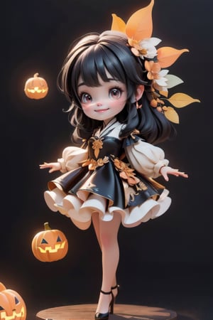 chibi, a cute harvest demon queen, smiling, dramatic floating pose, floating in the air, glowing dress, orange leaves floating around the dress, patent leather pumps, nighttime, glowing pumpkins, night harvest field, 8k, detailed, cinematic, dramatic lighting, warm colors, fantasy, digital art, hyper realistic, ethereal, elegant, dynamic, mystical, intricate details, full moon at background, xuer Luxury brand fashion, 
