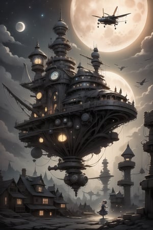a cute girl ((disgusted look)), pumps, flying on a flying machine, night scene, at night, moon, steampunk art style
