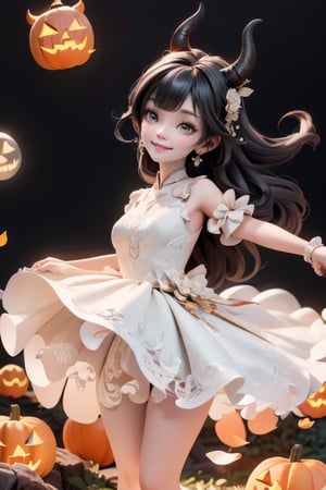 chibi, a cute harvest demon queen, smiling, dramatic floating pose, floating in the air, glowing dress, orange leaves floating around the dress, patent leather pumps, nighttime, glowing pumpkins, night harvest field, 8k, detailed, cinematic, dramatic lighting, warm colors, fantasy, digital art, hyper realistic, ethereal, elegant, dynamic, mystical, intricate details, full moon at background, xuer Luxury brand fashion, 
