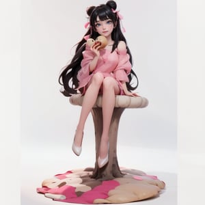 a cute girl smiling, black hair, pink lace cloth dress, white ankle strap pumps, eating a bun, sitting on a giant mushroom