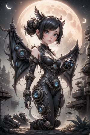 a cute girl ((disgusted look)), pumps, using mechanical wings, night scene, at night, moon, steampunk art style