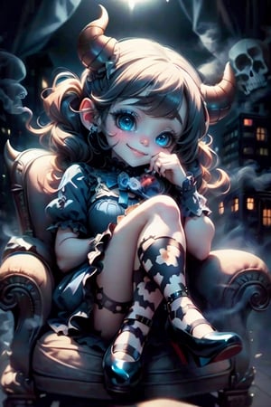 masterpiece, best quality, a cute horned demon smiling, sitting on a skull shape armchair,  intense blue smokey eyes makeup, summer dress, Lolita mary janes, mary jane pumps, , city at night,