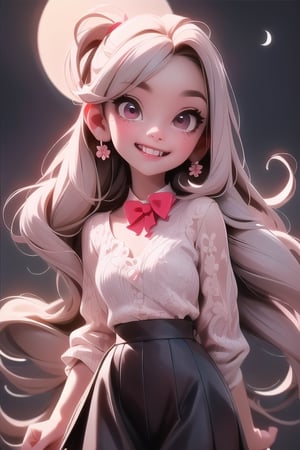 a vampire girl smiling, ((showing fangs)), white hair, red eyes, glowing eyes, white lace crop top, (black skirt), blush, night, flowers, moon