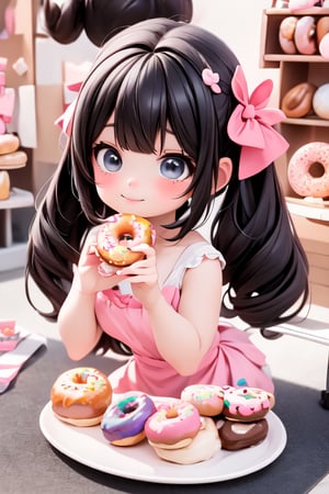 a delicate girl eating a giant donut, black hair, donuts hair accesories, donuts theme dress, pumps, kawaii style, candy_land at background