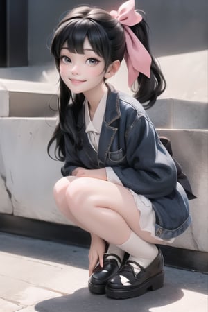 1girl smiling, black hair, hairbow, white round_toe Mary_janes pumps,