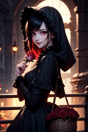  a goth girl smiling, flower, solo, basket, little black dress, holding flower, hood, holding a red rose, looking at viewer, red eyes, blurry, dress, cosplay, bangs, blurry background, frills, depth of field, red rose, at night