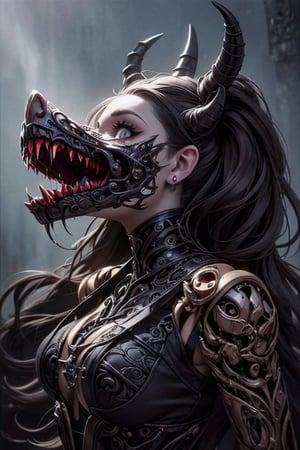 Gothic style style girl,devil,demons,detailed,mystery,Surrealist,biomechanical,airbrush,dark,Impressionist,Dark,mysterious,haunting,dramatic,ornate,detailed,