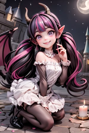 Draculaura_MH, a glamorous horned girl smiling, black hair, intrincate hairstyle, hair accesories, plasma horns, white wings, (((pumps))), lace cloth strapless shirt, looking to the moon, (abandoned castle) at night, candles and lanters, 