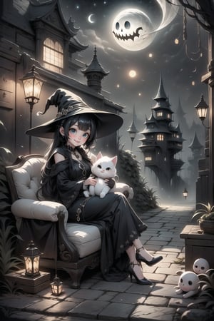a cute witch smiling sitting on an armchair, pumps, holding a balloon, haunted palace at night, (night scene), 