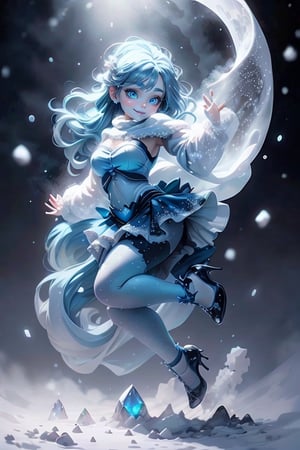 masterpiece, best quality, a snow demon smiling, blue lips, blue hair, intense blue smokey eyes makeup, (snow material) clothing, (crystal) hair bow, crop shirt, sheer draped skirt, tights, blue pumps, playing with the snow, frozen magical garden (at night), magic lights floating around, (falling snow), photoshoot, dynamic pose, angle from below,plastican00d