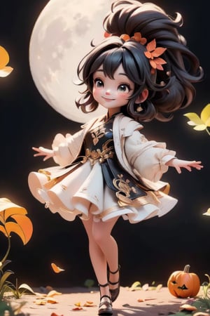 chibi, a cute harvest demon queen, smiling, dramatic floating pose, floating in the air, glowing dress, orange leaves floating around the dress, footwear patent leather flats, nighttime, glowing pumpkins, night harvest field, 8k, detailed, cinematic, dramatic lighting, warm colors, fantasy, digital art, hyper realistic, ethereal, elegant, dynamic, mystical, intricate details, full moon at background, xuer Luxury brand fashion, 
