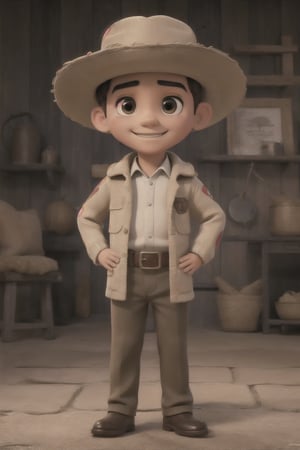 masterpiece, best quality, detailed face, detailed eyes, a boy smiling, Pancho Villa costume, (full body), [[[hat]]]