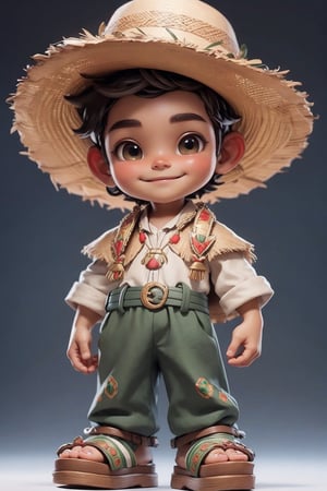 masterpiece, best quality, detailed face, detailed eyes, a boy smiling, Mexican indigenous suit, sandals, ((full body)), 