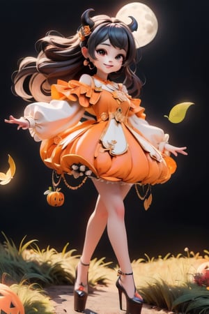 chibi, a cute harvest demon queen, smiling, dramatic floating pose, floating in the air, glowing dress, orange leaves floating around the dress, patent leather PLATFORM pumps, nighttime, glowing pumpkins, night harvest field, 8k, detailed, cinematic, dramatic lighting, warm colors, fantasy, digital art, hyper realistic, ethereal, elegant, dynamic, mystical, intricate details, full moon at background, xuer Luxury brand fashion, 
