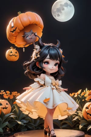 chibi, a cute harvest demon queen, smiling, dramatic floating pose, floating in the air, glowing dress, orange leaves floating around the dress, patent leather PLATFORM pumps, nighttime, glowing pumpkins, night harvest field, 8k, detailed, cinematic, dramatic lighting, warm colors, fantasy, digital art, hyper realistic, ethereal, elegant, dynamic, mystical, intricate details, full moon at background, xuer Luxury brand fashion, 
