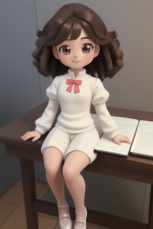 3d,masterpiece, top quality, highly detailed, cute, a (((small girl))), brunette, blak hair, curly hair, white uniform jumper, puffy sleeves shirt, white pumps, doing homework, smiling,