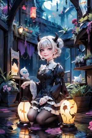 a demon_girl smiling, toddlers dress, color (pumps), (nylons), kneeling, light creatures floating as lanterns, victorian greenhouse at night, nighttime, night scenery, creepy ambient, gothic art style, lanterns, starryscene