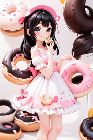 a delicate chibi girl eating a giant donut, black hair, donuts hair accesories, donuts theme dress, pumps, kawaii style, donuts land at background