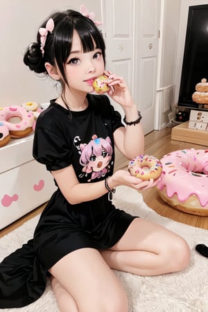 a delicate chibi girl eating a giant donut, black hair, donuts hair accesories, donuts theme dress, pumps, kawaii style, donuts land at background