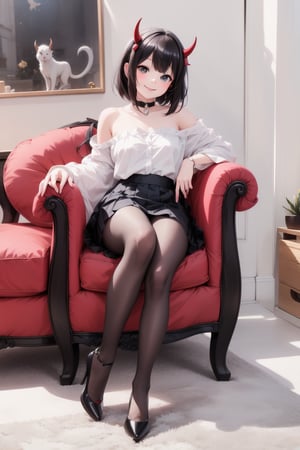 a cute vampire princess smiling sitting on an armchair, strapless shirt, shirt skirt, red horns, (chunky) ((round_pumps)), white nylons