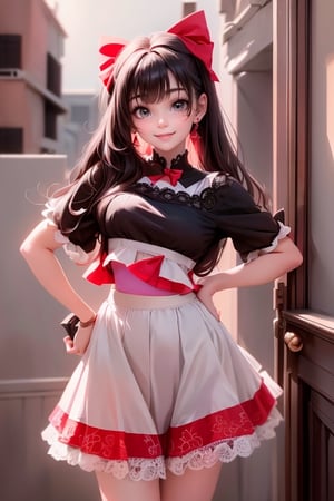 masterpiece, best quality, a girl smiling, black hair, red hair bow, earrings, choke, short skirt, lace cloth ((crop shirt)), (red pumps), rule of thirds. 