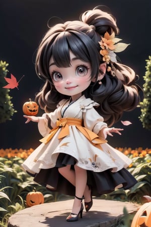 chibi, a cute harvest demon queen, smiling, dramatic floating pose, floating in the air, glowing dress, orange leaves floating around the dress, patent leather pumps, nighttime, glowing pumpkins, night harvest field, 8k, detailed, cinematic, dramatic lighting, warm colors, fantasy, digital art, hyper realistic, ethereal, elegant, dynamic, mystical, intricate details, full moon at background, xuer Luxury brand fashion, 
