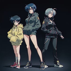 1girl, woman, 90's anime protagonist, SWAT police officer, FBI, CIA, goth, gothic, full body, ((black hoodie jacket with zipper)) cyberpunk, ((investigator)), detective, Resident Evil, Silent Hill, dark blue hair, big eyes, anime, 90s anime, stern pose, retroartstyle, simple background,retro style