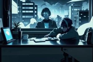 LOFI boy, Cyber goth boy sitting at desk using laptop computer, listening to music with headphones, coffee mug on desk, outside the window is a gloomy and haunted street, anime style, Ghost In The Shell style, cyan colors,<lora:659111690174031528:1.0>