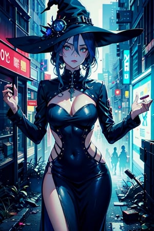 Cyberpunk witch, summoning sci-fi pistol, long split dress, dark blue colors
