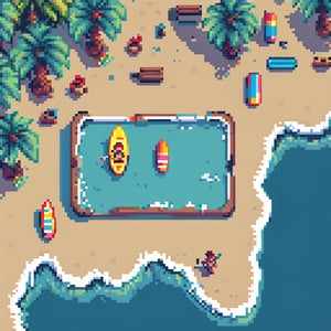 Top down, Overhead view, startropics, Chrono trigger, beach, paddle board, surf, surfer, video game design,pixel art, flat colors, limited_palette, cute,pixel style
