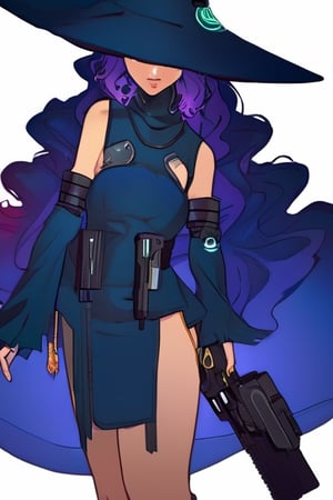 Cyberpunk witch, summoning sci-fi pistol, long split dress, dark blue colors, ,Hori