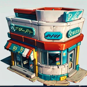 Perfectly isometric, anime style, scifi city, cyberpunk convenience store, clean lines, straight lines, no background