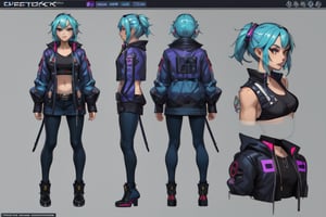 Hand drawn Female, cyberpunk brawler video game character. character design, turnaround reference sheet, professional concept art for animated television show. Unique clothing ,score_9_up,score_8_up