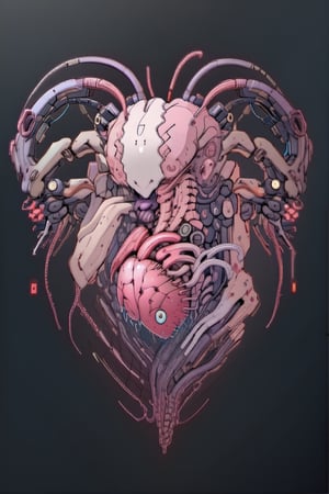 Cyberpunk horror, humanoid creature, exposed heart, exposed brain, twisted form, anime style