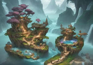 Create a surreal landscape with floating islands, colorful waterfalls, and mythical creatures.

