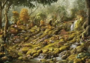 Create an image of a magical forest with vibrant colors, talking animals, and a hidden waterfall.