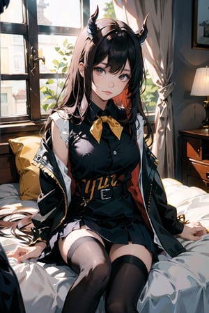 masterpiece,best quality,
tutugp
1girl, long hair, solo, lying,on bed, thighhighs, skirt, looking at viewer,  sleeveless, black skirt, window,  shirt, coat, zettai ryouiki, very long hair, black thighhighs, bangs, parted bangs, pencil skirt, demon horns, knee up, sleeveless shirt, white shirt, indoors, night, forehead, hair spread out, belt, miniskirt, 