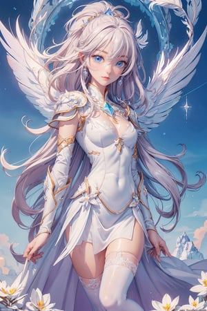 masterpiece,{{{best quality}}},(illustration)),{{{extremely detailed CG unity 8k wallpaper}}},game_cg,(({{1girl}})),{solo}, (beautiful detailed eyes),((shine eyes)),goddess,fluffy hair,messy_hair,ribbons,hair_bow,{flowing hair}, (glossy hair), (Silky hair),((white stockings)),(((gorgeous crystal armor))),cold smile,stare,cape,(((crystal wings))),((grand feathers)),((altocumulus)),(clear_sky),(snow mountain),((flowery flowers)),{(flowery bubbles)},{{cloud map plane}},({(crystal)}),crystal poppies,({lacy}) ({{misty}}),(posing sketch),(Brilliant light),cinematic lighting,((thick_coating)),(glass tint),(watercolor),(Ambient light),long_focus,(Colorful blisters),ukiyoe style,3DMM