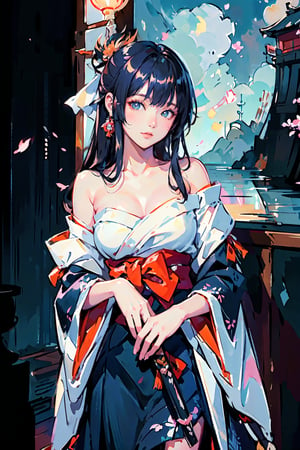 (watercolor_medium), ((ukiyoe style)), ((((masterpiece)))), (((best quality))), (illustration),(1girl:1.5),(solo:1.5), ((an extremely delicate and beautiful)), ((little girl)) , cute, ((hime_cut)), side blunt bangs,(ultramarine hair:1.2), hairs between eyes, ribbons, Bracelet , bare shoulders,((japanese_clothes)), sakura, ((slit pupils)), ((miko)), (off_shoulder), ace, (Kagura Suzu),sword, 