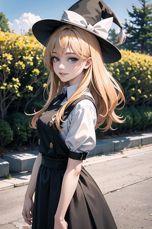 best quality,masterpiece,extremely detailed CG unity 8k wallpaper,official art, (Realistic:1.2),1girl,solo,touhou project,Kirisame Marisa(cosplay),outdoors, smile,looking at the viewer, 