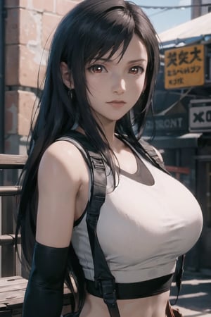 best quality,masterpiece,extremely detailed CG unity 8k wallpaper,official art, 1girl,solo,upper body,outdoors,looking at the viewer ,tifa lockhart