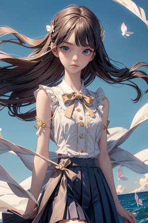 (((masterpiece))), (((best quality))), ((ultra-detailed)), (illustration), (1 girl), (solo), ((an extremely delicate and beautiful)), little girl, ((beautiful detailed sky)), beautiful detailed eyes, side blunt bangs, hairs between eyes, ribbons, bowties, buttons, bare shoulders, (small breast), blank stare, pleated skirt, close to viewer, ((breeze)), Flying splashes,  Flying petals, wind