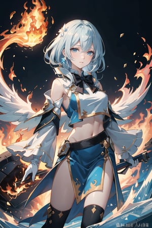 a girl,Phoenix girl,fluffy hair,war,a hell on earth,Beautiful and detailed explosion,Cold machine,Fire in eyes,World War,burning,Metal texture,Exquisite cloth,Metal carving,volume,best quality,normal hands,Metal details,Metal scratch,Metal defects,{{masterpiece}},best quality,official art,4k,best quality,extremely detailed CG unity 8k,illustration,highres,masterpiece,contour deepening,Azur Lane,Girls' Front,Magical,Cloud Map Plan,contour deepening,long-focus,Depth of field,a cloudy sky,Black smoke,smoke of gunpowder, long-focus,Mature, resolute eyes, burning, burning sky, burning hair,Burn oneself in flames, fighting,Covered in blood,complex pattern,battleing,Flying flames,Flame whirlpool,Doomsday Scenes,float,Splashing blood,on the battlefield,Bloody scenes,Good looking flame,Exquisite Flame,Exquisite Blood,photorealistic,Watercolor,colourful, (((masterpiece))),best quality, illustration,beautiful detailed glow,detailed ice,beautiful detailed water,red moon, (magic circle:1,2), (beautiful detailed eyes),expressionless,beautiful detailed white gloves, own hands clasped, (floating palaces:1.1),azure hair,disheveled hair,long bangs, hairs between eyes, dark dress, (dark magician girl:1.1),black kneehighs, black ribbon,white bowties,midriff,{{{half closed eyes}}},,big forhead,blank stare,flower,large top sleeves,, (((masterpiece))),best quality, illustration,(beautiful detailed girl),beautiful detailed glow,detailed ice,beautiful detailed water,(beautiful detailed eyes),expressionless,beautiful detailed white gloves, (floating palaces:1.2),azure hair,disheveled hair,long bangs, hairs between eyes, (skyblue dress),black ribbon,white bowties,midriff,{{{half closed eyes}}},,big forhead,blank stare,flower,large top sleeves,(((ice crystal texture wings)),(((ice and fire melt)))