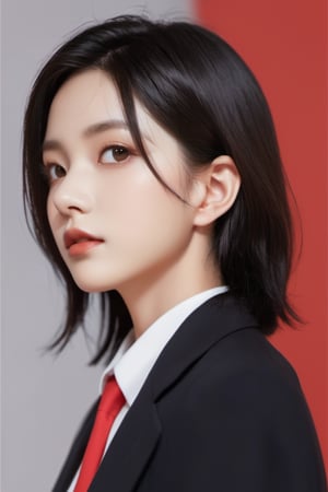 Best quality, high details, high resolution, HD, 16k,Close-up photo of shoulder-length short black hair girl in suit uniform, ultraclear, Flawless and delicate face, True delicate skin, big breasts beautiful, Delicate and clear eyes, Look at the screen, Simple, (simple Red background),xxmix_girl