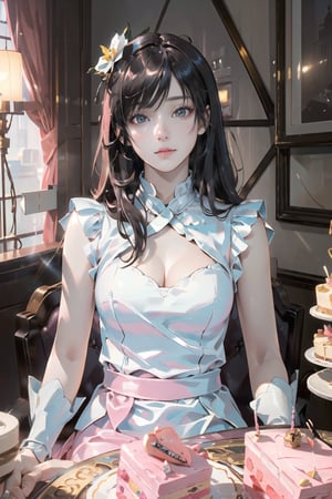 Best quality, masterpiece, ultra high res, (photorealistic:1.4), realistic, skin pores, (high detailed skin:1.2),(intricate details:1.12), (hyperdetailed:1.15),
Movie atmosphere,movie camera,
A sexy girl sits in a pink cake shop
There is a birthday cake on the table