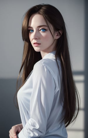 Best quality, masterpiece, ultra high res, (photorealistic:1.37), raw photo, 1girl, long hair, blue eyes,  detailed eyes and face, perfect anatomy. perfect fingers.  white shirt, dynamic lighting, in the dark, deep shadow, low key, cowboy shot
