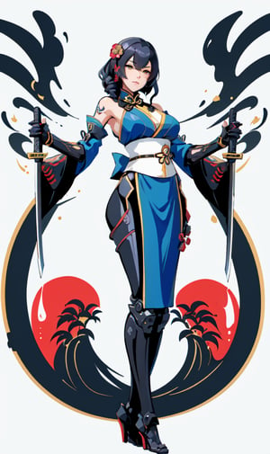 1 girl, (masterpiece), ink sketch, milf, mature woman, mecha musume, katana girl, katana, 15th century Chinese sword, chevron colors, dynamic pose, sexy woman, fighting pose, kimono, sly look, bare shoulders, samurai equipment, female samurai, holding a long katana, beautiful, holding a weapon,