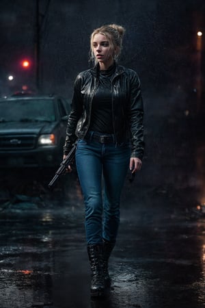 (1girl), (Full body shot), A beautiful young woman, blonde, messy bun hair, pale skin, walking down sadly in the (heavy pouring rain:1.3), holding assault rifle, night, post apocalypse New York background, fire, smoke, debris, wrecked vehicles, wearing a black jacket, tight jeans pants, white shirt, boots, (gun holster in the waist), nighttime, dark.